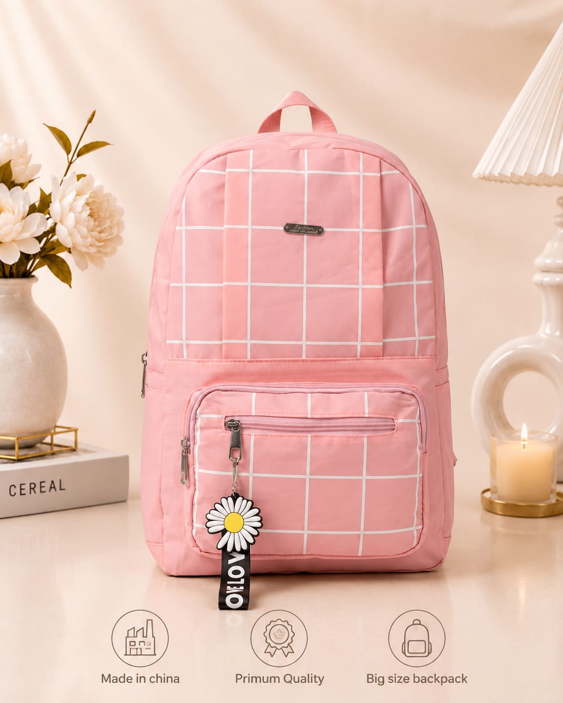 Grid Design Backpack for Girls – School & College Bag