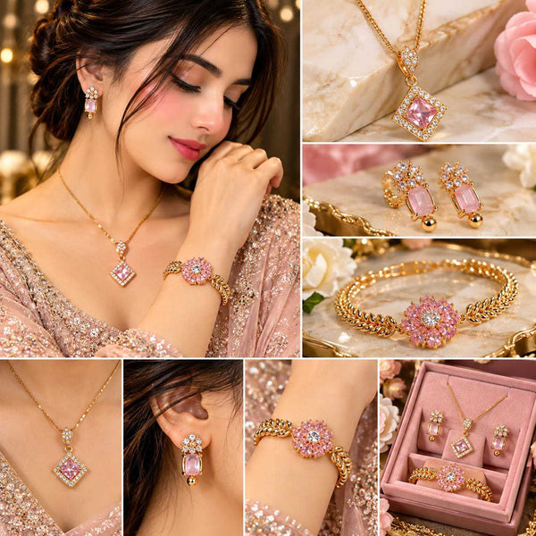 Pink Crystal Gold Plated Jewelry Set