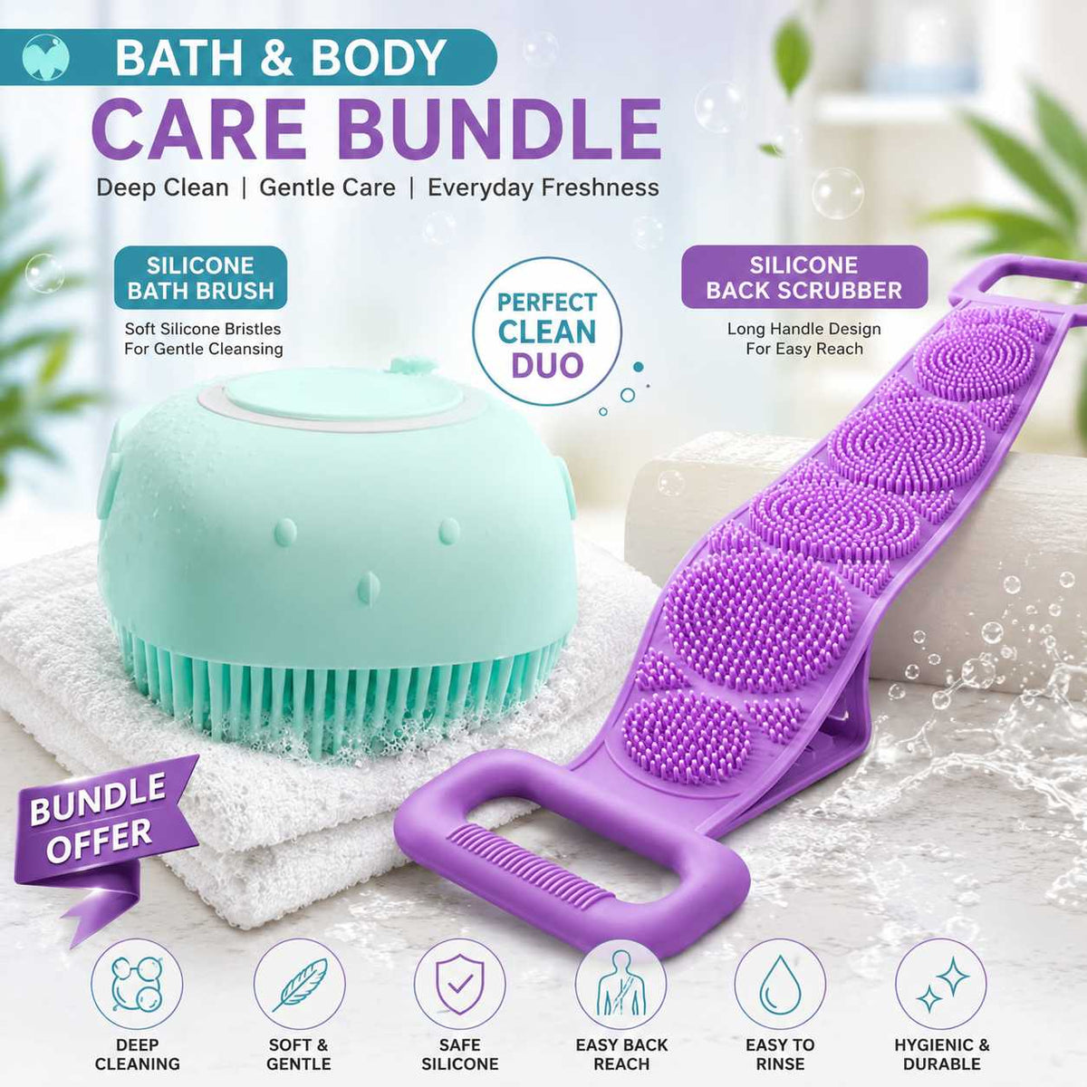 Silicone Bath Brush & Back Scrubber Bundle