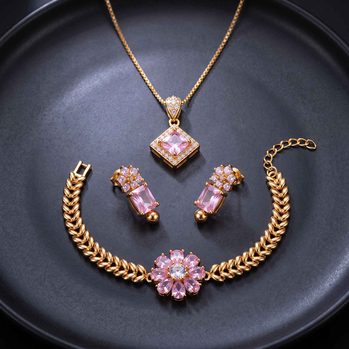 Pink Crystal Gold Plated Jewelry Set