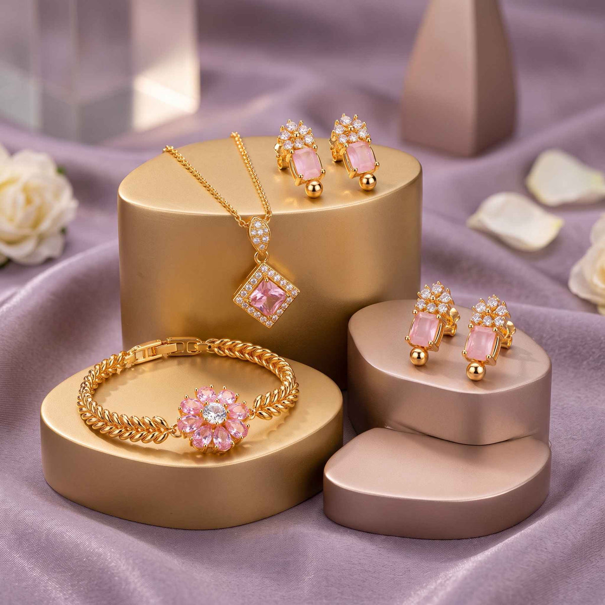 Pink Crystal Gold Plated Jewelry Set