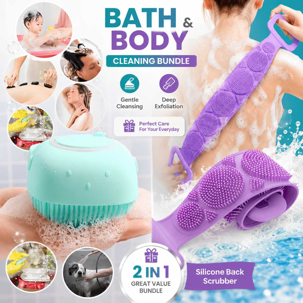Silicone Bath Brush & Back Scrubber Bundle