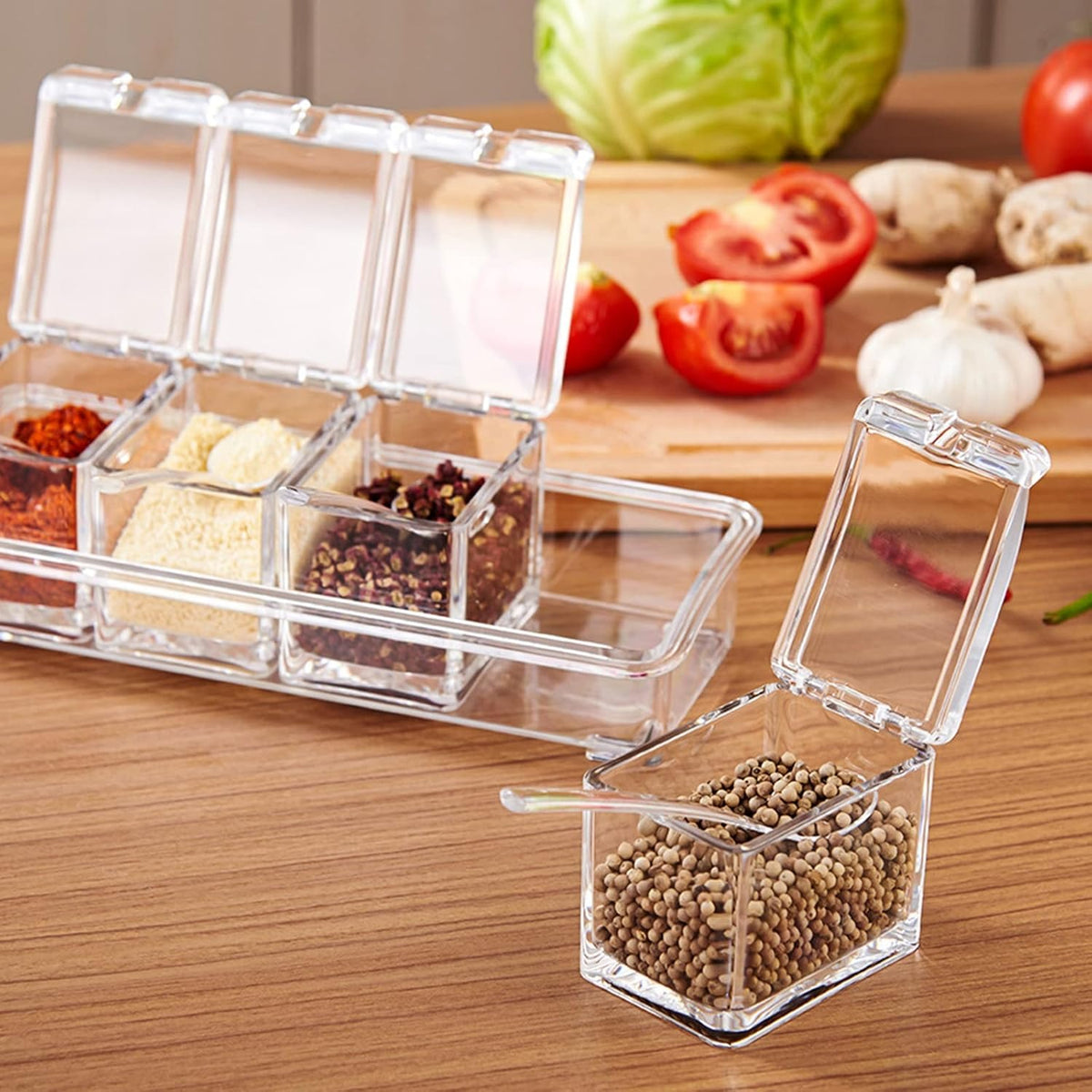 Crystal Seasoning Box With 4 Compartments And Spoons