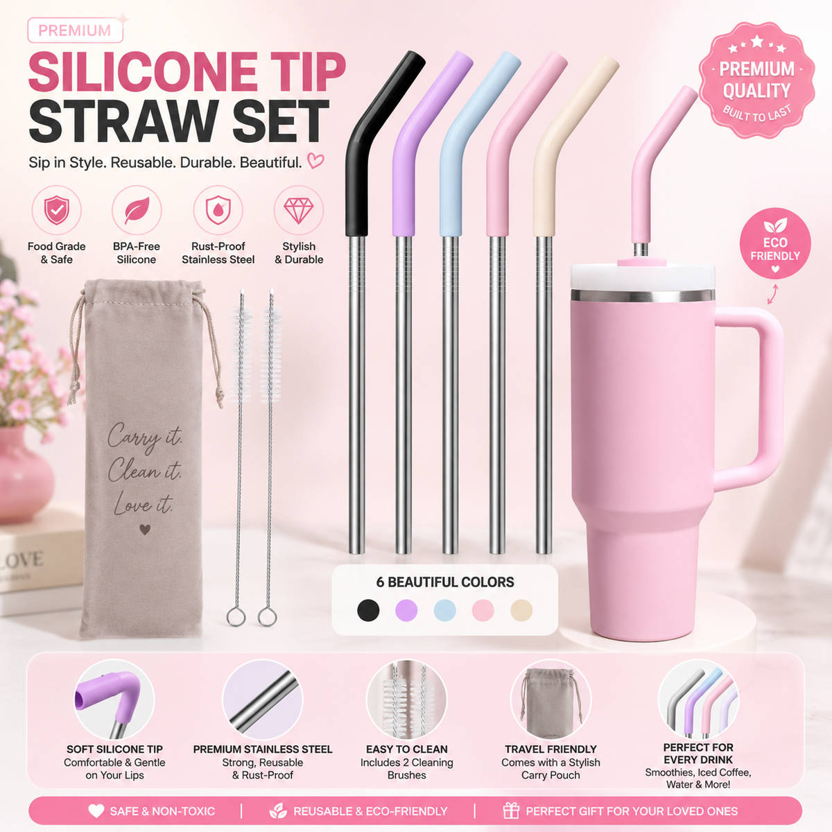 Stainless Steel Reusable Straws with Silicone Tips