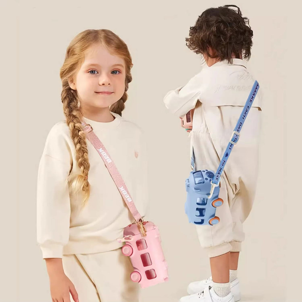 Kids School Bus Water Bottle with Strap