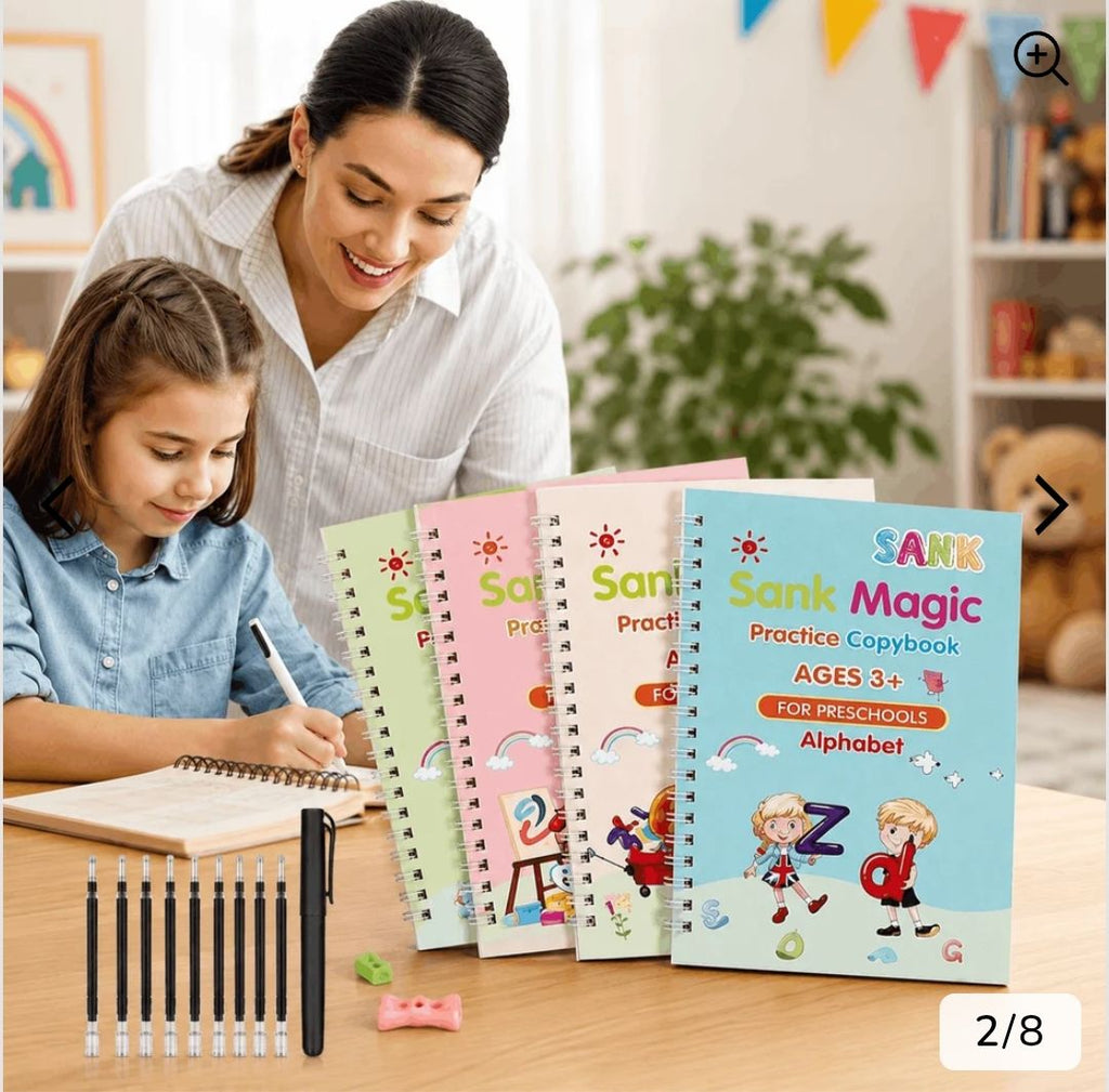 Magic Practice Copybook – Set of 4 with Disappearing Ink Pen for Kids