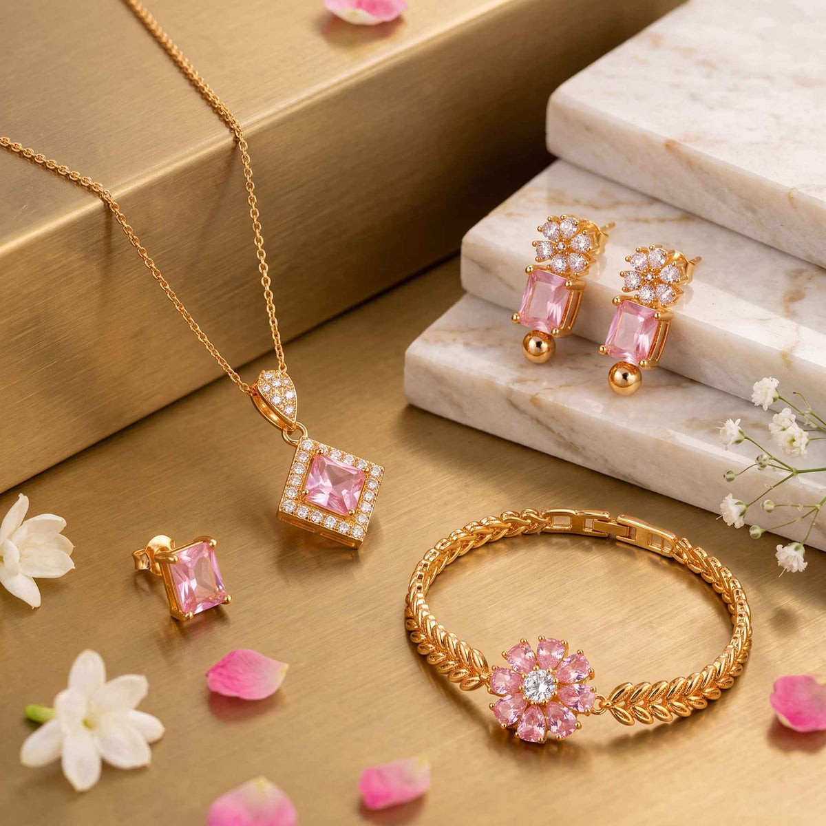 Pink Crystal Gold Plated Jewelry Set