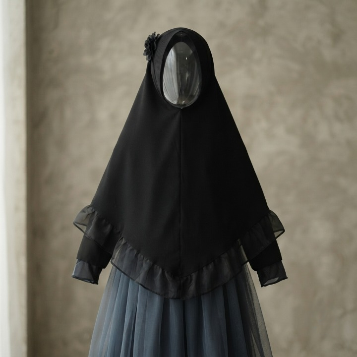 Kids Girls Hijab – Korean Chiffon with Flower (Black)